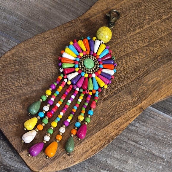 Unbranded Accessories - Colorful Bohemian Beaded Fringe Keychain Bag Charm Antique Bronze Hardware
